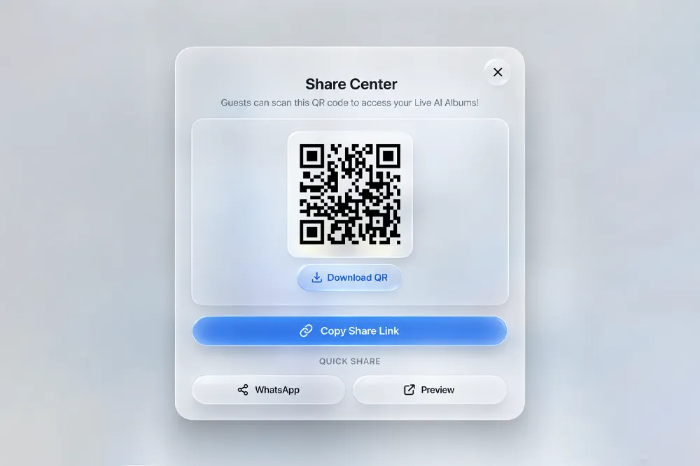 Venue welcome board featuring the permanent Studio QR code