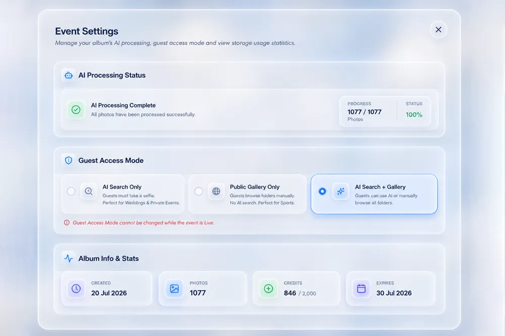 Event settings dashboard showing privacy controls and setup fields