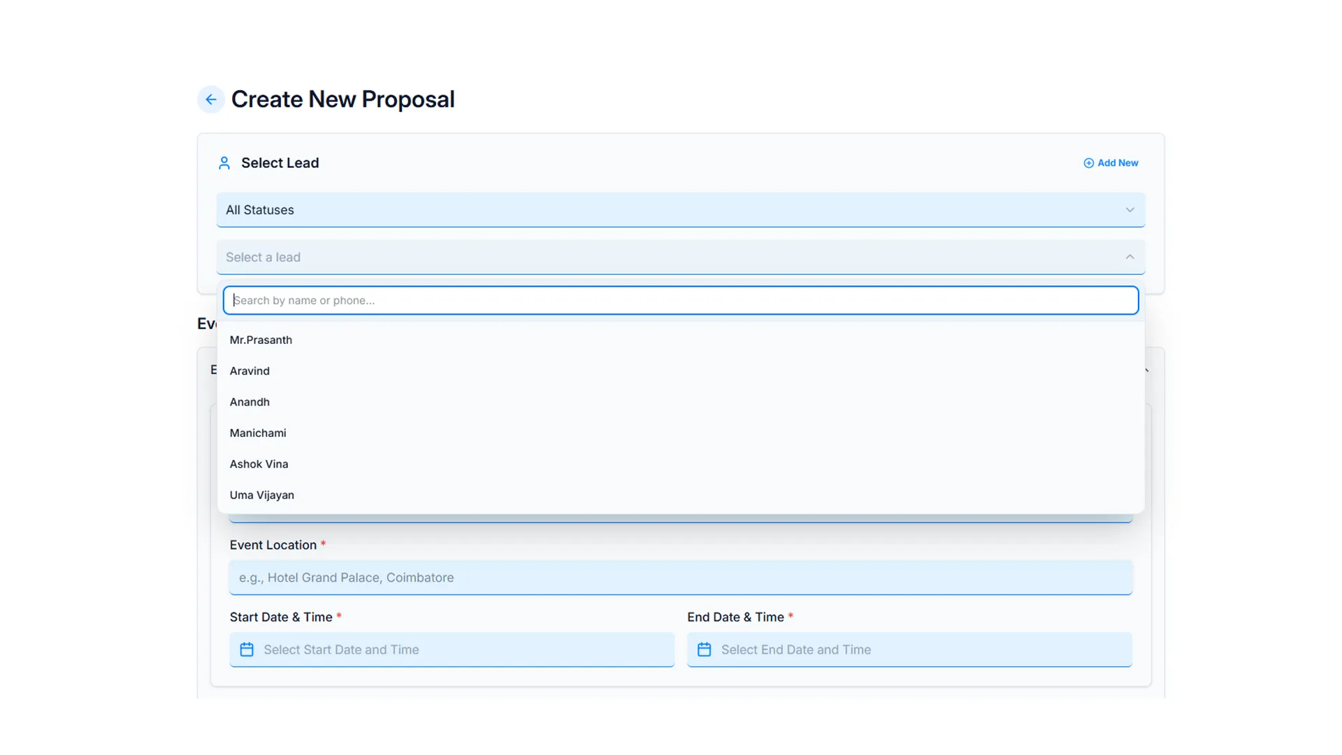 Step 1: Selecting Lead and Event Details